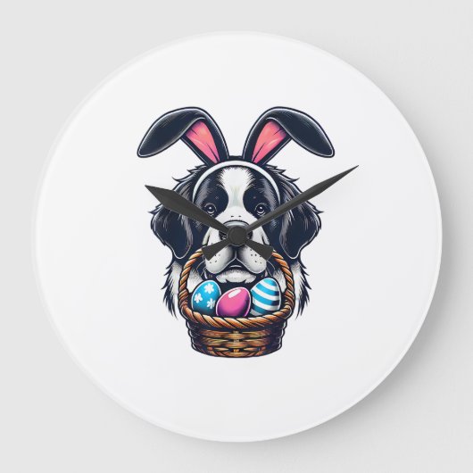 Cute Bunny Ear Saint Bernard Dog Easter Egg Owner  ラージ壁時計 (正面)