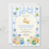 Cute Bunny Easter Brunch & Egg Hunt Blue Checkered 招待状 (正面)