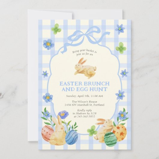 Cute Bunny Easter Brunch & Egg Hunt Blue Checkered 招待状 (正面)