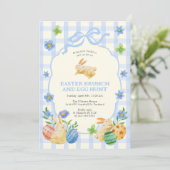 Cute Bunny Easter Brunch & Egg Hunt Blue Checkered 招待状 (スタンド正面)