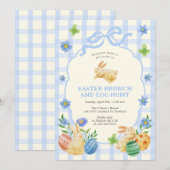 Cute Bunny Easter Brunch & Egg Hunt Blue Checkered 招待状 (正面/裏面)