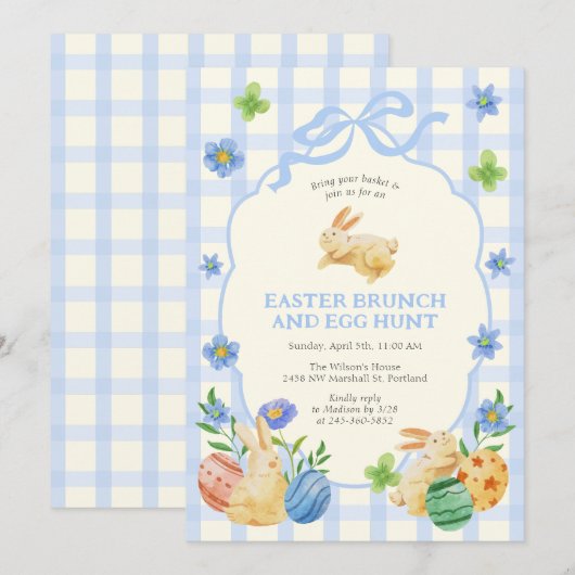 Cute Bunny Easter Brunch & Egg Hunt Blue Checkered 招待状 (正面/裏面)