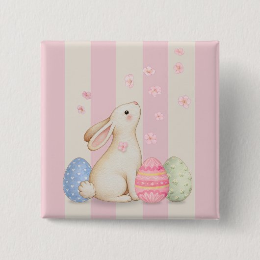 Cute Bunny Easter Eggs and Pink Stripes Button 缶バッジ (正面)