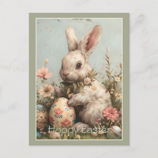 Cute Bunny Easter Eggs Floral  シーズンポストカード (正面)