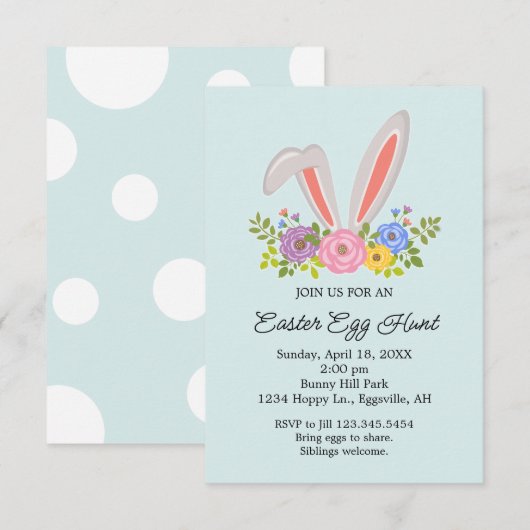 Cute Bunny Easter Invitation Egg Hunt 招待状 (正面/裏面)