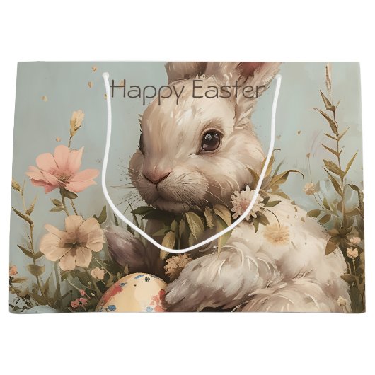 Cute Bunny Eggs Flowers Easter  ラージペーパーバッグ (正面)