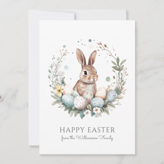 Cute Bunny Eggs Garland Wreath Personalized Easter シーズンカード (正面)