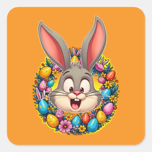 Cute Bunny Face – Easter Wreath Style Autocolante スクエアシール (正面)