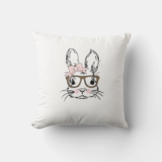 Cute Bunny Face Shirt Leopard Print Glasses EASTER クッション (正面)