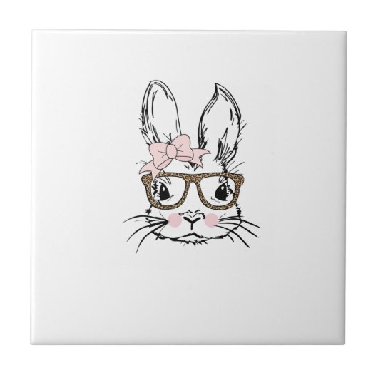 Cute Bunny Face Shirt Leopard Print Glasses EASTER タイル (正面)