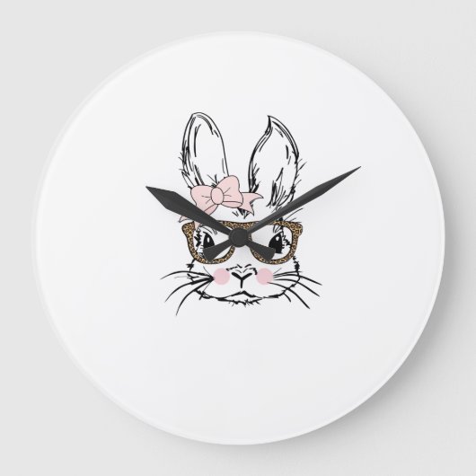 Cute Bunny Face Shirt Leopard Print Glasses EASTER ラージ壁時計 (正面)