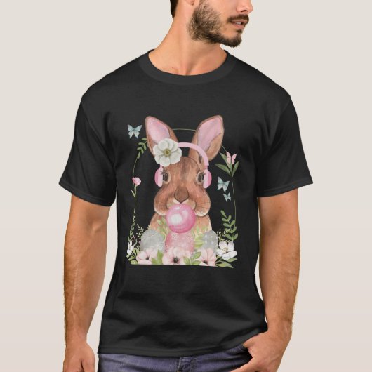 Cute Bunny Face With Bubblegum And Headphones East Tシャツ (正面)
