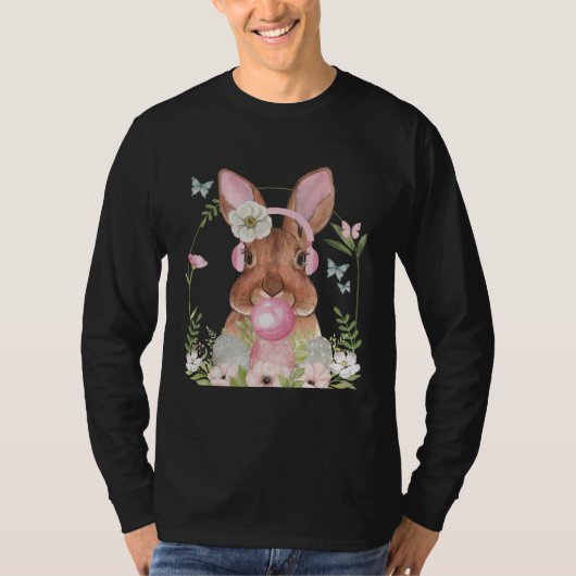 Cute Bunny Face With Bubblegum And Headphones East Tシャツ (正面)