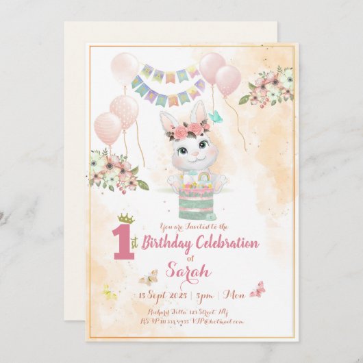 Cute Bunny First Birthday Invitation Card 招待状 (正面/裏面)