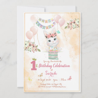 Cute Bunny First Birthday Invitation Card 招待状