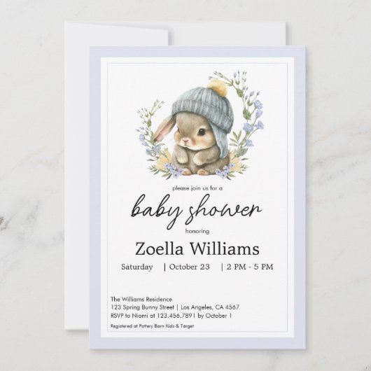 Cute Bunny Floral Spring Baby Shower Invitation (正面)