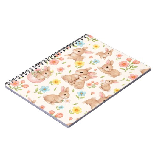 Cute Bunny Floral Spring Pattern ノートブック (左側)
