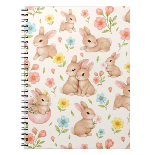 Cute Bunny Floral Spring Pattern ノートブック (正面)