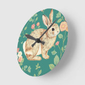 Cute Bunny Floral Teal Pattern ラウンド壁時計 (傾斜)