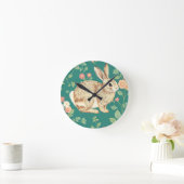 Cute Bunny Floral Teal Pattern ラウンド壁時計 (ホーム)
