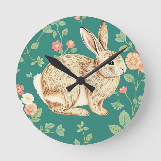 Cute Bunny Floral Teal Pattern ラウンド壁時計 (正面)