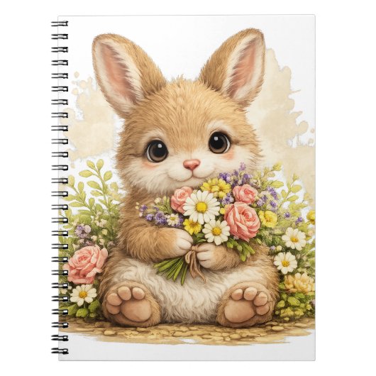 Cute Bunny Flower Bouquet Kawaii Notebook ノートブック (正面)