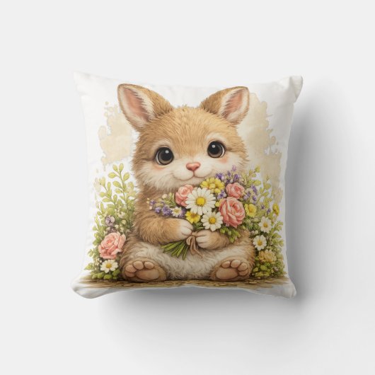 Cute Bunny Flower Bouquet Pillow Kawaii クッション (正面)