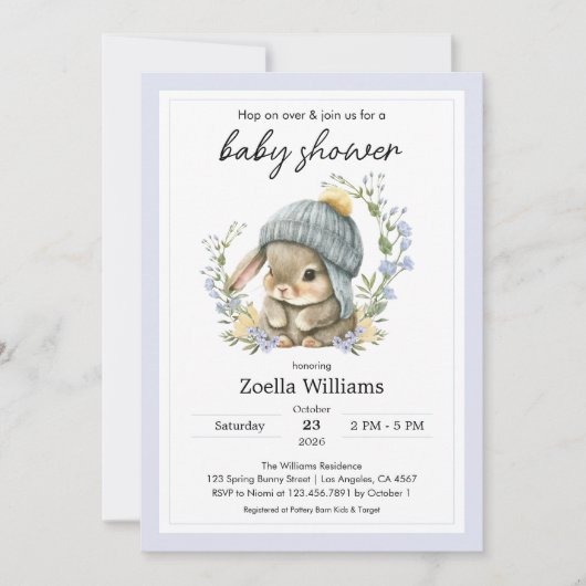 Cute Bunny Flowers Spring Baby Shower Invitation (正面)