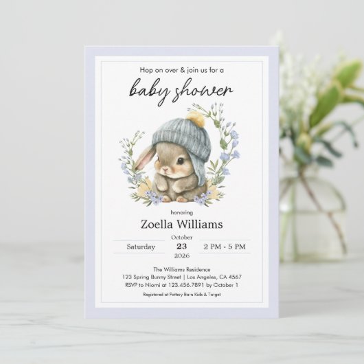 Cute Bunny Flowers Spring Baby Shower Invitation (スタンド正面)