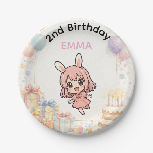Cute Bunny Girl Birthday Paper Plates ペーパープレート (正面)