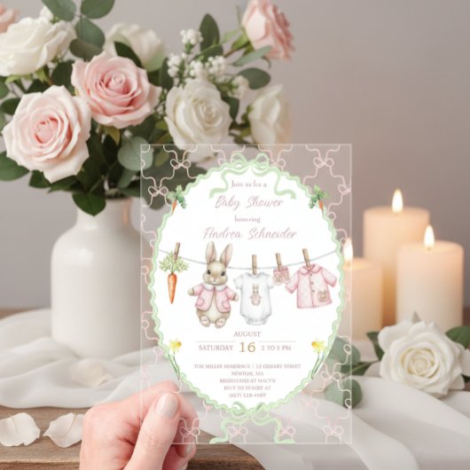 Cute Bunny Girl Clothesline Baby Shower  アクリル招待状