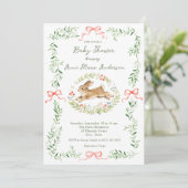 Cute Bunny Girl Floral Pink Bow Baby Shower  招待状 (スタンド正面)