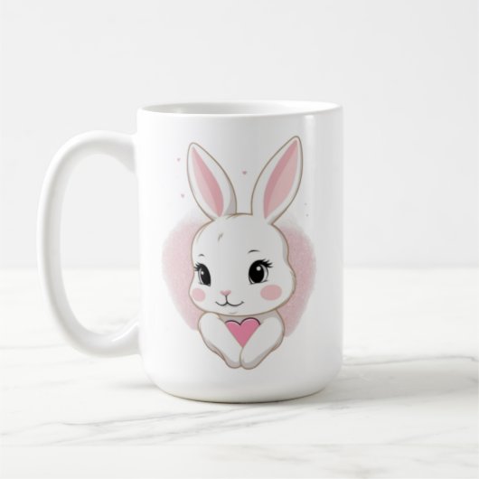 Cute Bunny Holding Heart | Romantic Design コーヒーマグカップ (左)