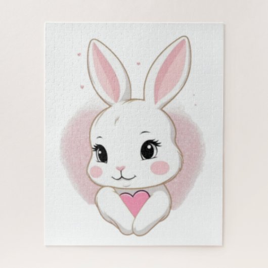 Cute Bunny Holding Heart | Romantic Design ジグソーパズル (縦)