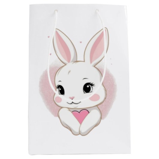 Cute Bunny Holding Heart | Romantic Design ミディアムペーパーバッグ (正面)