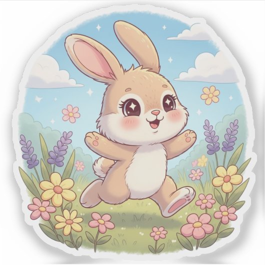 Cute Bunny Hopping in a Flower Field シール (正面)