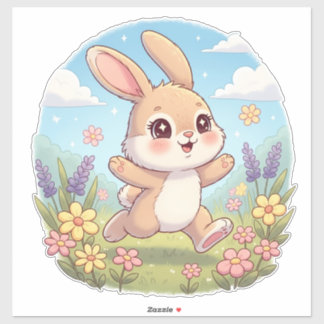 Cute Bunny Hopping in a Flower Field シール
