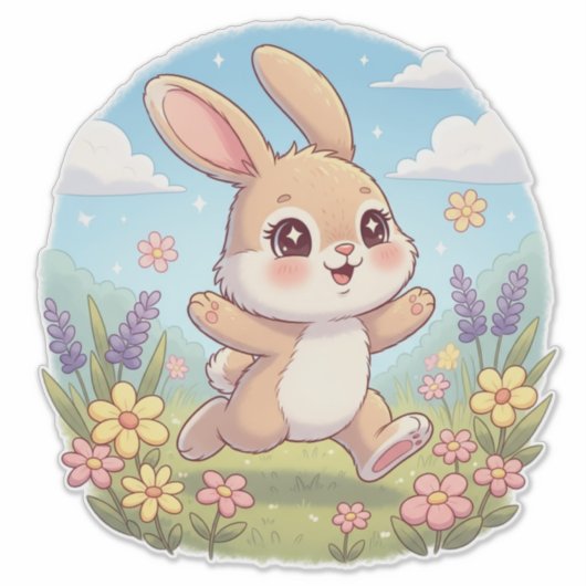 Cute Bunny Hopping in a Flower Field シール (正面)
