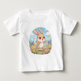 Cute Bunny Hopping in a Flower Field ベビーTシャツ