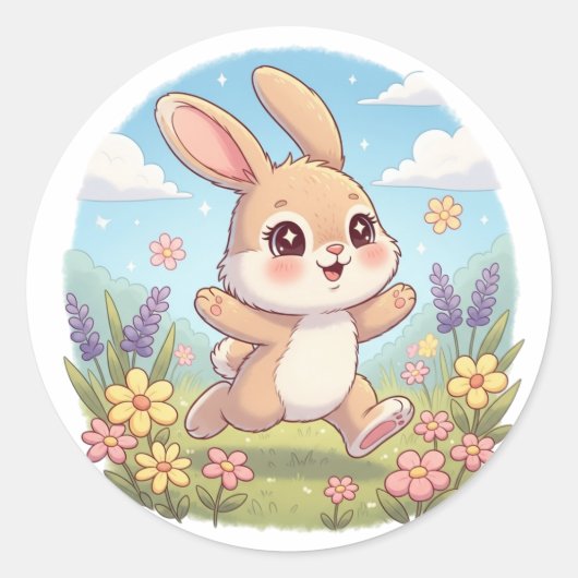 Cute Bunny Hopping in a Flower Field ラウンドシール (正面)