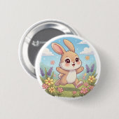 Cute Bunny Hopping in a Flower Field 缶バッジ (正面&裏面)
