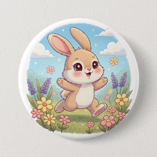 Cute Bunny Hopping in a Flower Field 缶バッジ