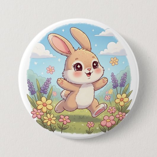 Cute Bunny Hopping in a Flower Field 缶バッジ (正面)