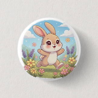 Cute Bunny Hopping in a Flower Field 缶バッジ