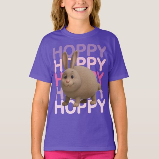 Cute Bunny “Hoppy Hoppy” Typography Kawaii Rabbit Tシャツ (正面)