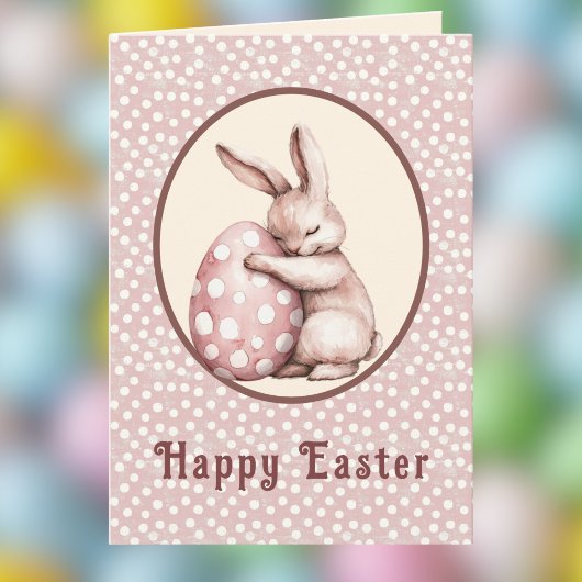 Cute Bunny Hugging Polka Dot Egg Monogram カード