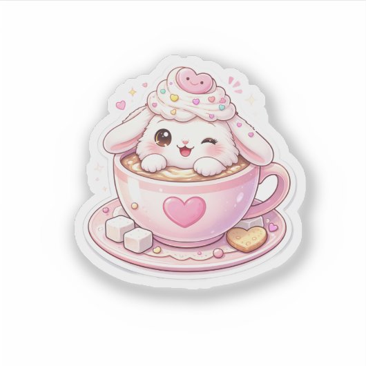 Cute Bunny in Coffee Cup Kawaii Sticker シール (正面)