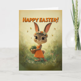 Cute Bunny in Orange Dress with Easter Basket カード