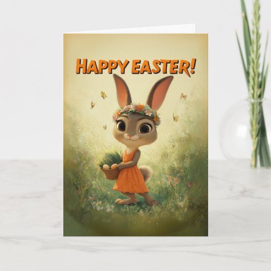 Cute Bunny in Orange Dress with Easter Basket カード (正面)
