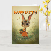 Cute Bunny in Orange Dress with Easter Basket カード (黄色い花)
